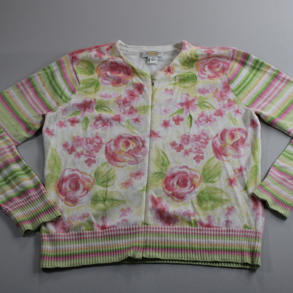Talbots L Floral Stripe Zip Front Cotton Cardigan Sweater Pink Green Comfort